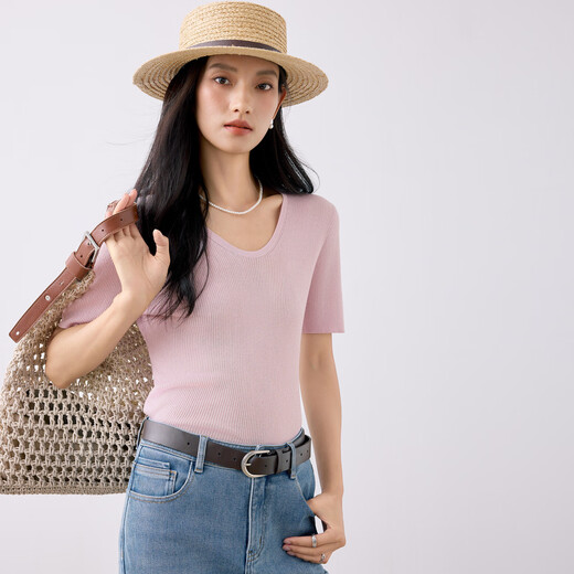 Eifli (eifini) Eifli U-neck bright silk sweater for women's summer short-sleeved slim fit and slim inner top 2025 summer new style pink S