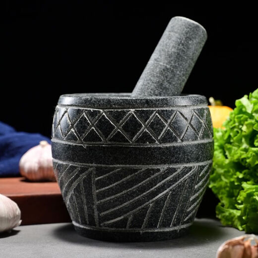 Sailoto large hand-made garlic pounder stone garlic mortar household grinder stone mortar for pounding medicine, smashing pepper, peeling garlic and garlic press, 25 cm diameter hand-made jar type with wooden hammer step