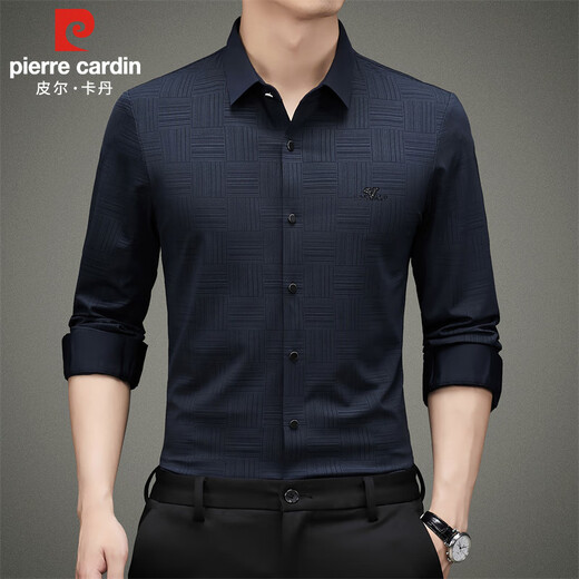 Pierre Cardin long-sleeved shirt men's spring and autumn loose trendy business casual knitted plaid shirt for young and middle-aged people, black 2XL