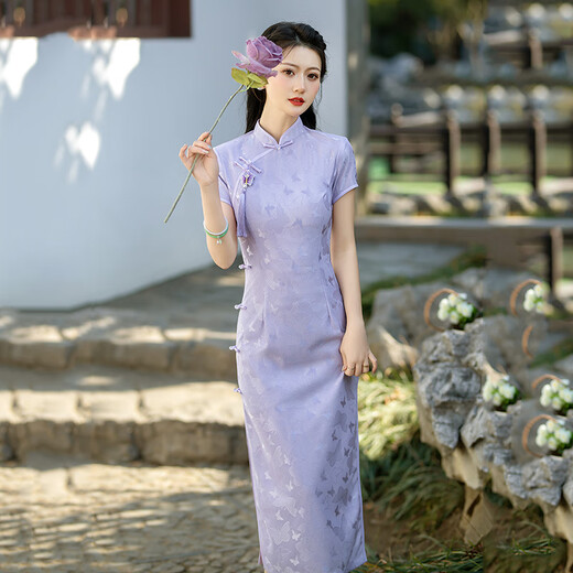 SGJ light luxury brand women's cheongsam women's lace long modified cheongsam national style retro dress slim and can be worn every day 14124 meter white (for pendant) M
