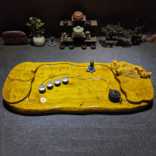 Miaopu Le authentic high-end solid wood root carving golden silk nanmu tea tray whole root carving tea tray golden silk nanmu wood belt drainage T263-3888 yuan