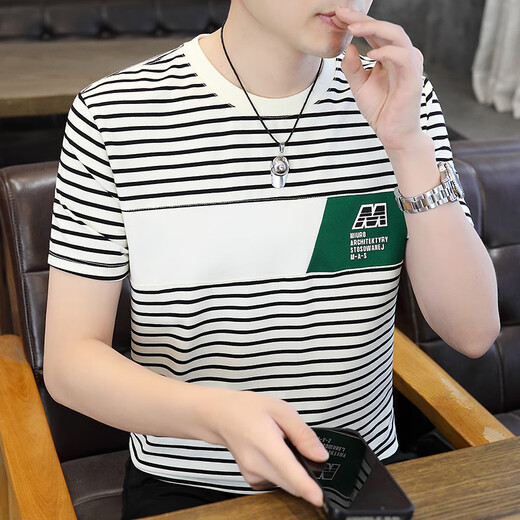 
Vancl Eslite 2025 Men's new summer high-quality round neck short-sleeved T-shirt for fashion trendy striped elastic half-sleeved T-shirt 9898-white 9898-white M Recommended weight 80-100Jin [Jin equals 0.5 kg]