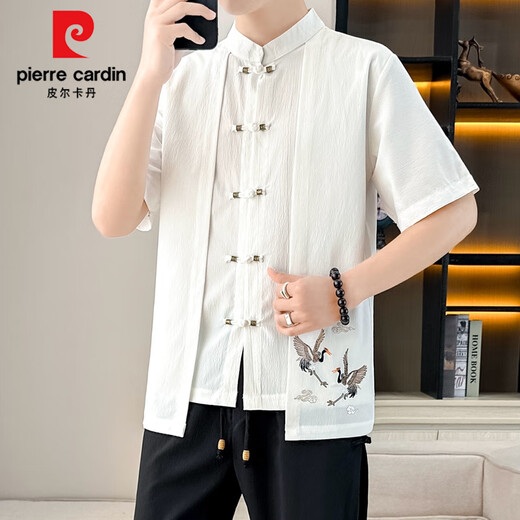 皮尔卡丹（pierre cardin）中国风短袖T恤套装男假两件国潮盘扣绣花棉麻两件一套新中式立领t 9885白色【上衣+裤子】 长袖款 M 110斤内