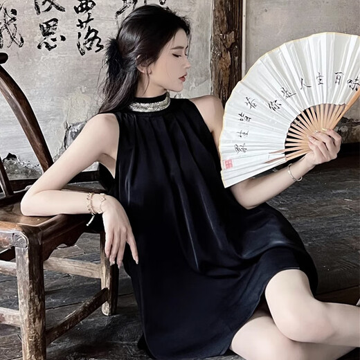 
Muni French black sleeveless halter neck dress 2025 new off-shoulder evening dress skirt heavy industry loose miniskirt halter neck short dress [black] single size