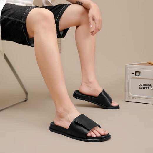 Walker Shop拖鞋男2025夏季新款真皮透气外穿防滑一字拖时尚潮流百搭男士拖鞋 黑色 40 （皮鞋码）