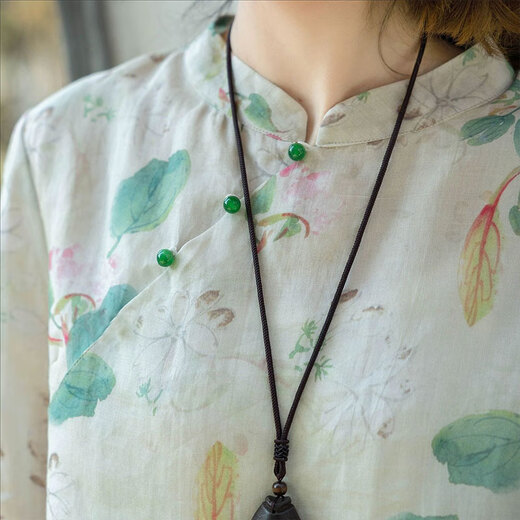 Zimu cotton linen 2025 summer clothing for women Chinese style printed tops short loose slim shirt bead button 9221 color L (recommended 115-125Jin [Jin equals 0.5 kg])