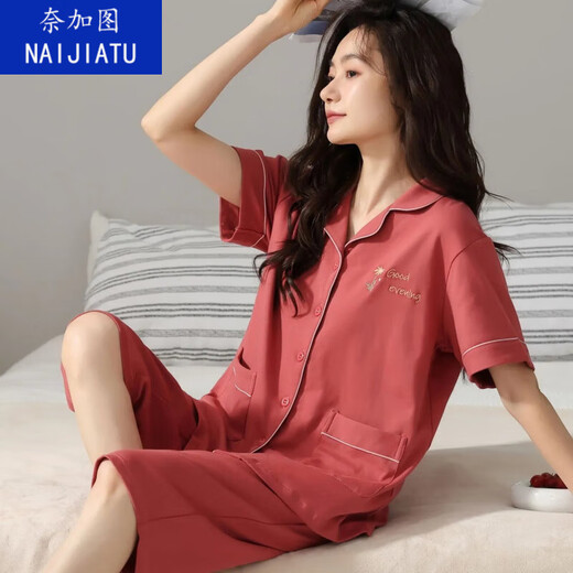 奈加图纯棉睡衣女士夏季短袖七分裤中青年款大码开衫套装常规款家居服 n9898七分裤开衫 3XL (160-180斤)