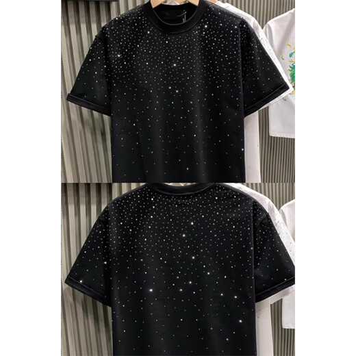 KAZUKI KURAISHI trendy brand fashion light luxury short-sleeved T-shirt for men in summer internet celebrity hot diamond high-end half-sleeved top for men black XL