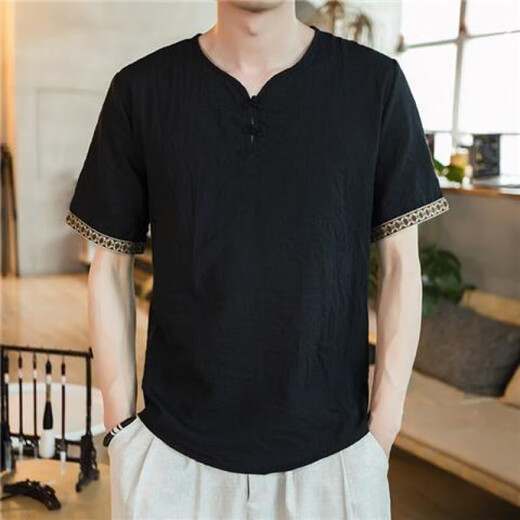 ZoScheter Chinese style men's embroidered T-shirt men's short-sleeved loose large-size thin casual buckle retro cotton linen 686 burgundy L 115 Jin [Jin equals 0.5 kg]