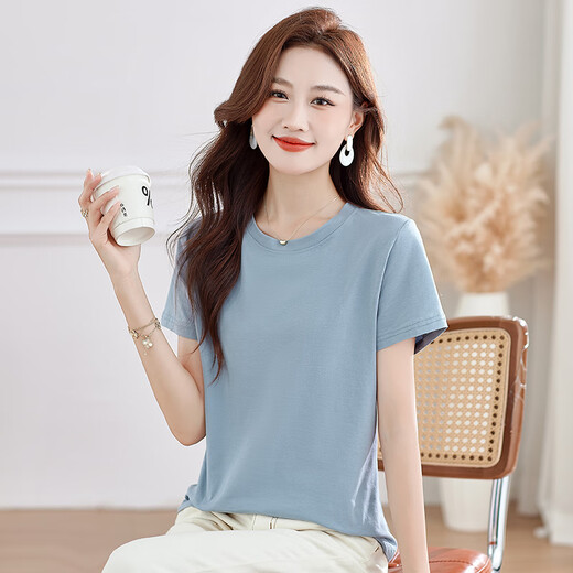 QLHX same style for women's summer pure cotton short-sleeved slim shirt in the mall. WL6623 black [print] official flagship store M