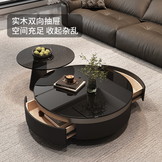 Yiyan round glass coffee table living room light luxury high-end small apartment Italian simple high-end modern Internet celebrity minimalist combination 70 single drawer pure black glass coffee table + side table