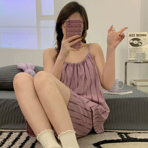 Pajamas à suspense de Shantoulin Village pour femmes en été avec poitrine rayures en deux pièces 2025 Nouveaux vêtements de nuit sweet simples AF9207 Xiaoyunduo Set Pad fixe poitrine M M