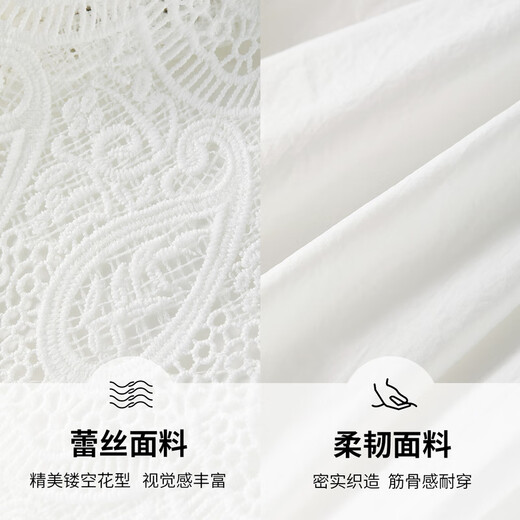 尚都比拉【拼接蕾丝】温柔简约休闲连帽松紧抽褶设计落肩长袖宽松显瘦外套 云白 S 90-100斤建议选择