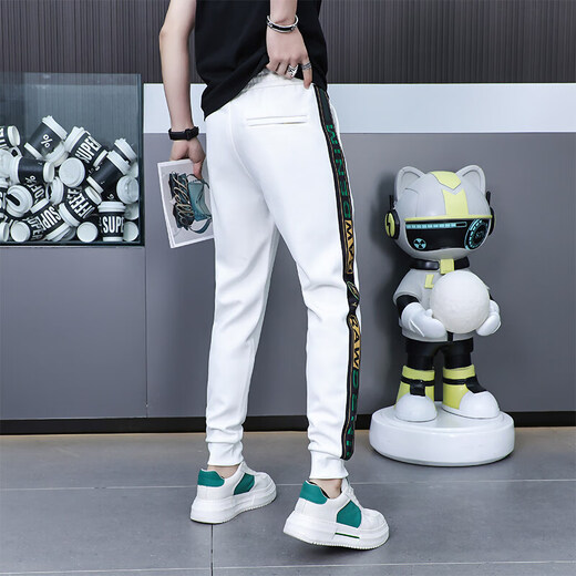 花花公子（PLAYBOY）休闲裤男士2025新款夏季潮流条纹刺绣时尚运动卫裤欧货束脚长裤 白色9926【休闲裤】 29