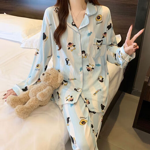 
Cloud Cotton Pajamas Women's Two-Piece Set Spring and Autumn Summer Thin Long Sleeve Student Cartoon Cute Sweet Home Clothing 3524 Blue Penguin XL 115-130Jin [Jin equals 0.5 kg]