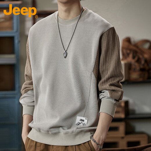 Jeep (JEEP) sweatshirt men's color matching autumn and winter loose T-shirt bottoming shirt casual heavyweight men's clothing apricot color matching XL