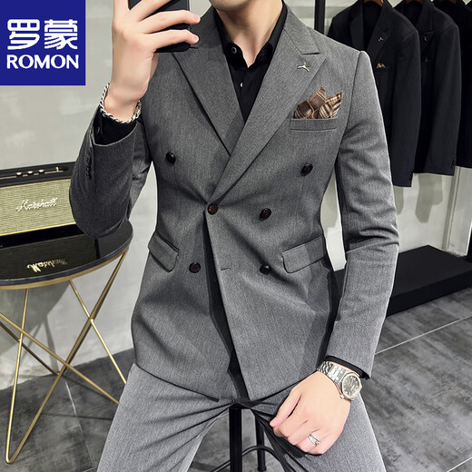 ROMON wide collar peak lapel suit business formal three-piece suit double slit wedding groom suit men's slim dark gray suit + vest + trousers two buttons L