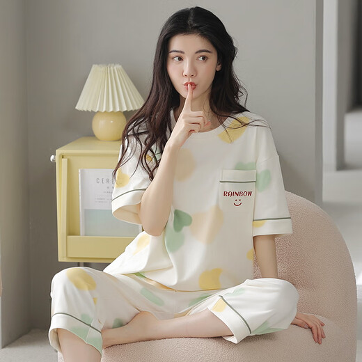 Fenten pajamas for women in summer pure cotton short-sleeved cropped pants can be worn on the outside sweet and casual cotton women's home clothes 9882 breastless pad [pure cotton] 2XL Recommended 140-155 Jin [Jin equals 0.5 kg]