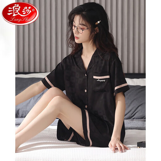 浪莎（LangSha）冰丝睡衣女开衫短袖短裤薄款套装女士夏天丝绸仿真丝家居服 L6212女士 XL (体重：120-140斤)