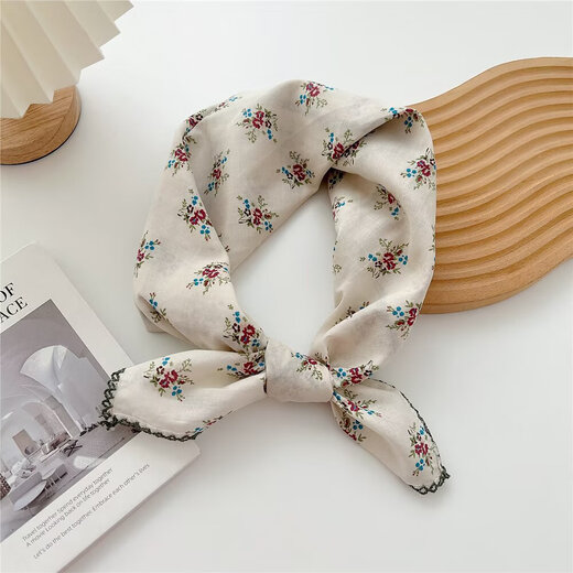 Reine Baumwolle 70 cm Quadratschal frisch und atmungsaktiv für Frauen weiche und literarische dekorative kleine Schal Frühling und Sommer Vielseitiger Blumenschal für Frauen QM7029-rotes Staubblätter Khaki 68*68 cm