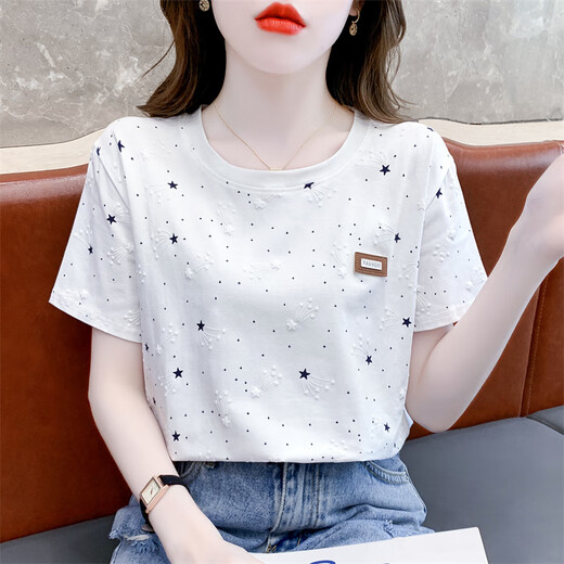T-Shirt für Frauen in 2025 neueste Baumwoll-gedruckte kurzärmelige T-Shirt für Frauen im Sommer 2025 neues loses Bauchabdeckung 1396 Blue Meteor + W7235 Black M geeignet für 100-109jin [Jin gleich 0,5 kg]