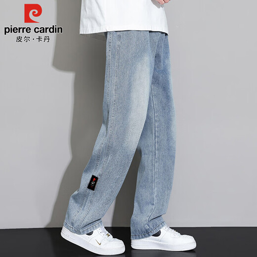 皮尔卡丹（pierre cardin）牛仔裤男夏季薄款潮流复古直筒裤子男宽松阔腿长裤男装 复古蓝 XL