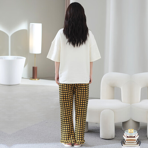 Katzenmann 100% reine Baumwollpyjamas für Frauen im Sommer kurzärmelige Hosen lässig losen Frauen-Hauskleidung Großgröße kann außerhalb von Anzug 687 Meter Aprikosenfarbe L [Empfohlen 100-120 Jin [Jin gleich 0,5 kg]]