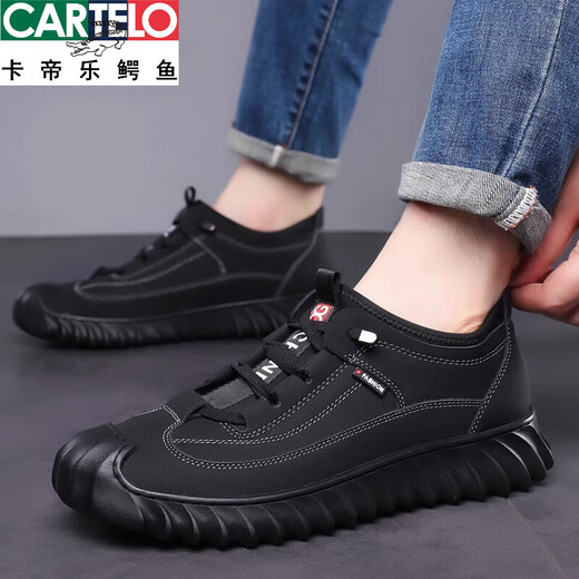 卡帝乐鳄鱼（CARTELO）100%全牛皮男鞋男士真皮运动休闲皮鞋加绒棉鞋户外登山鞋男 9226单鞋黑色 40