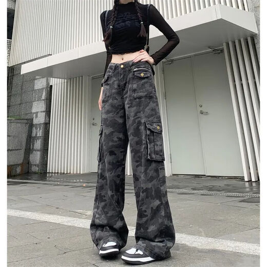 延芮美式高街工装牛仔裤女2025夏季新款显瘦迷彩宽松阔腿直筒拖地 迷彩色 BTN6623 S 【80-95斤】