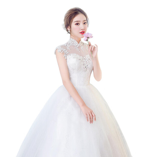 Nuevo vestido de novia de novia europea y americana, cuello de pie y vestido de boda de gran tamaño, blanco L