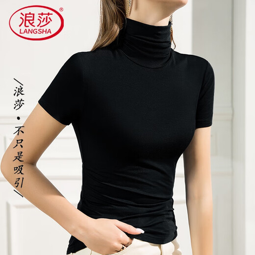 Langsha 2025 new summer style pile collar Modal short-sleeved T-shirt women's high collar slim Korean version solid color versatile white S