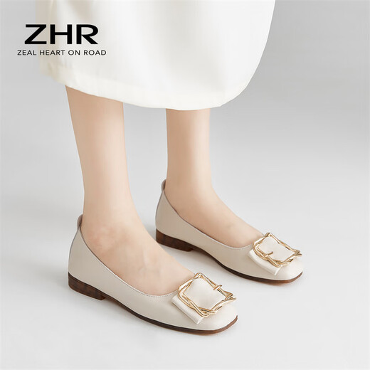 ZHR single shoes women's soft flat bottom light mouth bean women's shoes fairy style light lazy shoes one-step AH95F beige 38