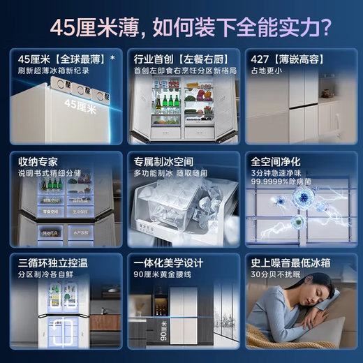 Midea sideboard series 427L cross door 45cm thin inlay left dining room right kitchen three-cycle energy efficiency first level air-cooled frost-free trade-in national subsidy (supports Hongmeng Zhilian) BCD-427WUSGPZM Moonlight Rice