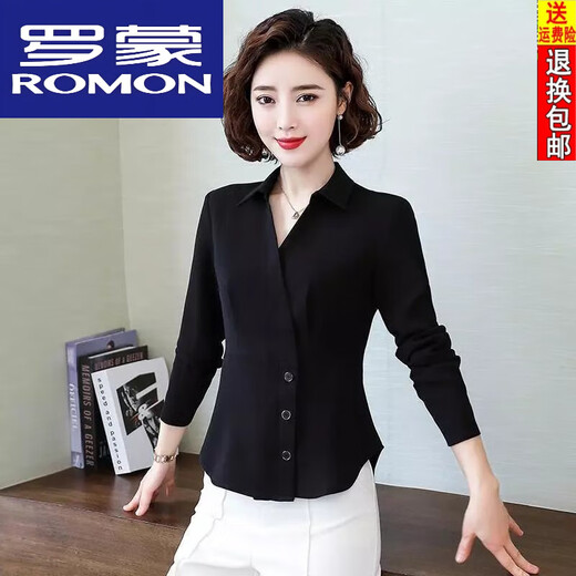 Romon kurzärmeligte Seidenhemd für Frauen 25 Sommerstil Taille Hugging Slimming Shirt Temperament Professionelles Temperament Vielseitige altersreduzierende Top 898 Black Short.Sleeved 2xL 125/135