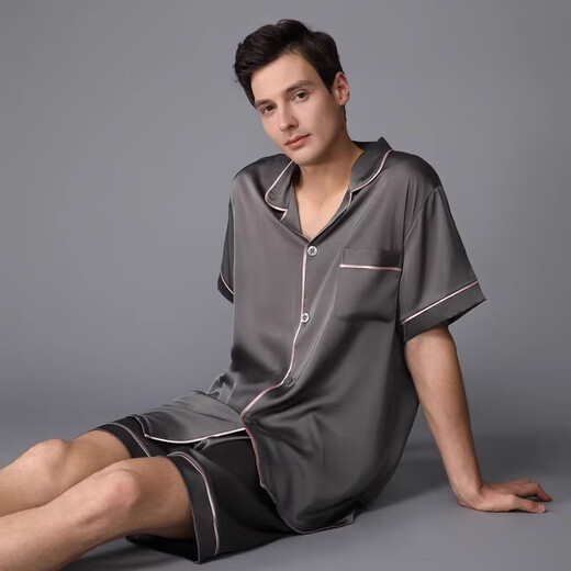 SXMM Marca de primera línea de primera línea Pajamas Men 100% Mulberry Silk Silk Gran Tamaño Ligero de lujo Ropa para el hogar 3899 Gris negro (Embalaje de la caja de regalo) L [Peso: 100-139Jin [Jin es igual a 0.5 kg]]]
