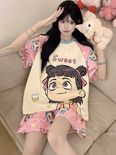 Crayon Shin-Shirt reines Baumwoll-Pyjamas für Frauen im Sommer kurzärmelig dünner Cartoon süße Schüler plus Größe Fett MM Home Kleidung