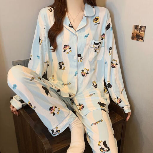 
Cloud Cotton Pajamas Women's Two-Piece Set Spring and Autumn Summer Thin Long Sleeve Student Cartoon Cute Sweet Home Clothing 3524 Blue Penguin XL 115-130Jin [Jin equals 0.5 kg]