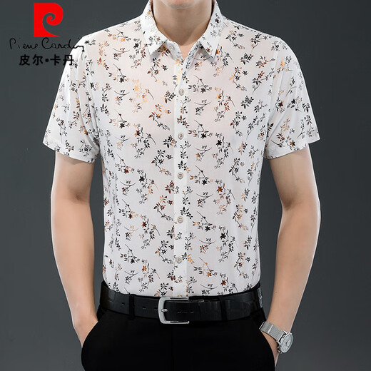 Pierre Cardin 25 Summer NUEVO Camisa de manga corta para hombres Camisa de seda delgada Tendencia de moda de moda Casual Dad Top 9898 Gold 2xl 180
