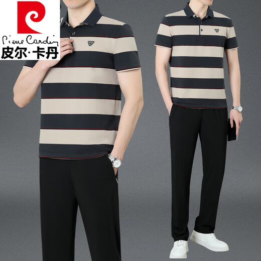 皮尔卡丹（pierre cardin）爸爸夏装男士运动服套装中老年休闲条纹纯棉短袖t恤Polo衫 军绿（短 袖+长裤）KDK9763 M (建议100-120斤)