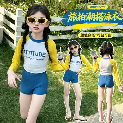 G.DUCKKIDS Girls Swimwear 2025 New Children's Split High-Value Swimwear Big Children Girls Internet Celebrity Long-Sleeved Sun Protection Swimsuit Picture Color 110 cm