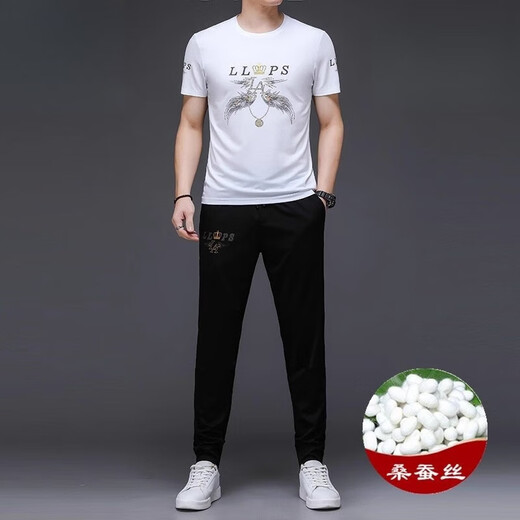 JEEP SPIRIT casual suit men's summer short-sleeved mulberry silkworm ice silk handsome match with Korean style fashion print trend 9227 black 3XL 185