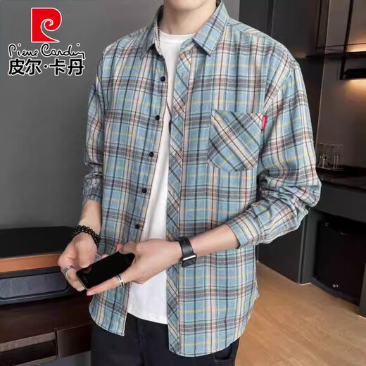 Pierre cardin plaid long-sleeved shirt 2025 spring and summer new men's trendy loose casual shirt thin sun protection jacket men 9901 gray M [recommended 90-110Jin [Jin equals about 0.5 kg]]
