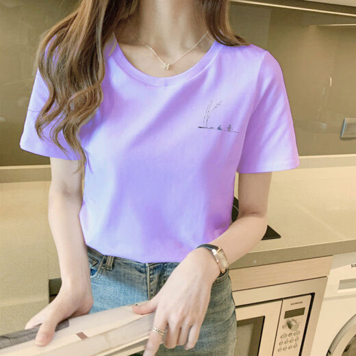 度凡尼斯纯棉短袖t恤女夏季新款韩版宽松显瘦洋气奶杏色正肩国风纯棉短袖t 6172烟熏紫 M(建议80-105斤) 均码