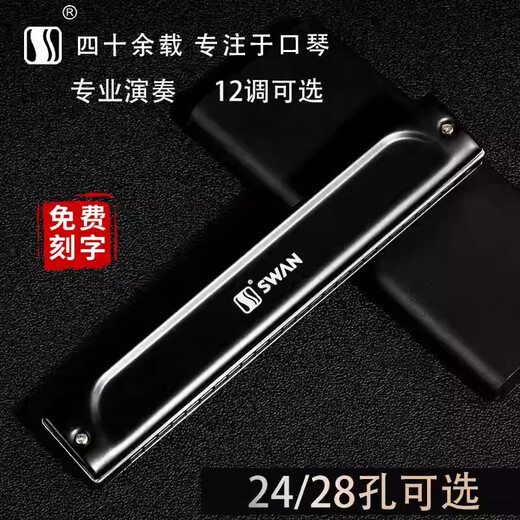 天鹅（SWAN）进口音簧28孔复音口琴ABCDEFG调初学者入门成人专业演奏送礼乐器 【高级演奏款】28孔复音B调（磨砂不留指纹）