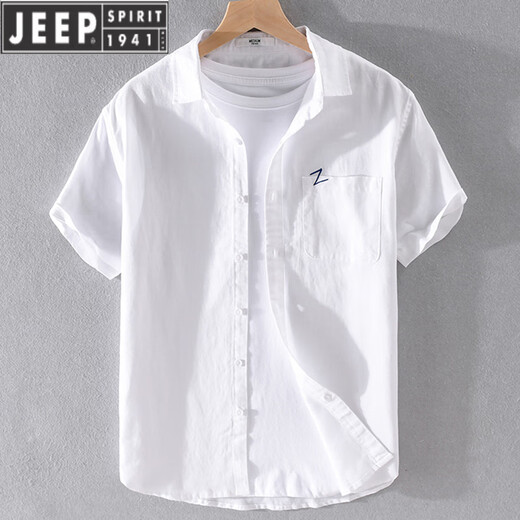 JEEP SPIRIT男士亚麻翻领短袖T恤宽松衬衫领上衣服有带领T棉麻料T恤麻布夏装 9711黄色 3XL