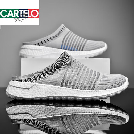 CARTELO Crocodile Toe Slippers Men's Summer Outerwear Large Size 45 No Heel Men's Mesh Sandals One-Piece Lazy Half Slippers 46 829 Gray This model is one size smaller 36