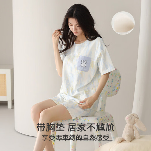 都市丽人纯棉睡衣女夏季2025年新款带胸垫短袖短裤家居服套装可外穿