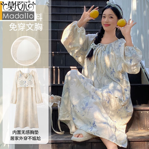 Modal nightgown with chest pad thin extended pajamas new style dress Chinese style long-sleeved Chinese style exterior home clothing [upgrade] chest pad # extended skirt AM13063 M [recommended 80-100Jin [Jin equals 0.5 kg]]