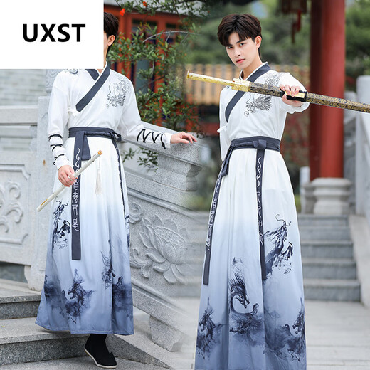 Uxst Original Hanfu Herrenkleidung Chinesischer Chinesischer Altstil Kampfkunst Schwertkämpfer Kostüm Herren -Schüler Männer -Gelehrte und Wissenschaftler der alten Kostümkleidung 825 Schwarzer Anzug + Armband L.