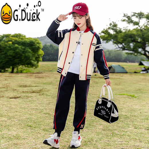 G.duckkids traje para niños chicas traje de otoño 2025 primavera y otoño nueva niña de moda uniforme de béisbol deportivo sudadera de dos piezas BQ1396 negro 110 cm